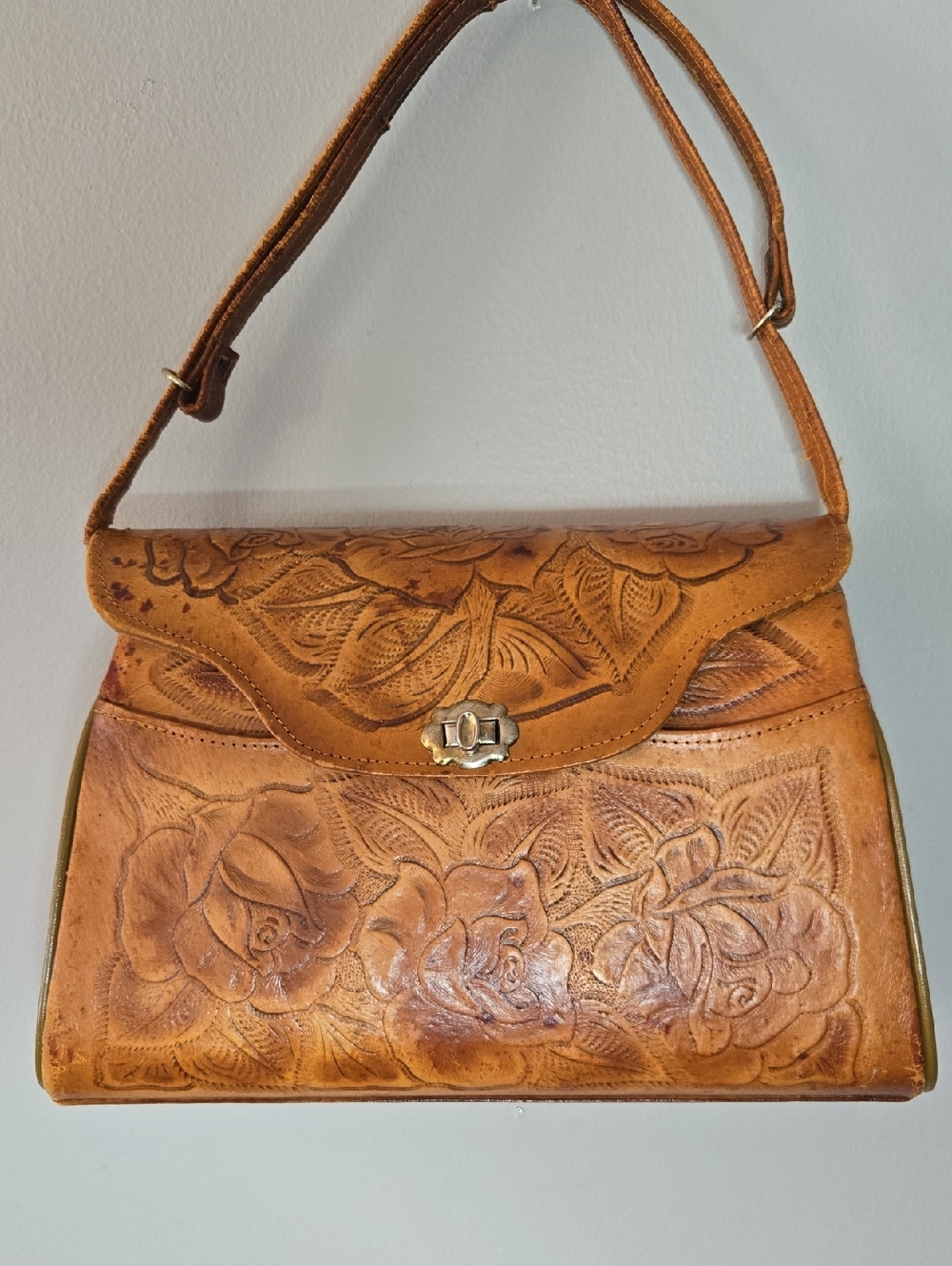 Vintage Large Hand-Tooled Mexico Leather Floral Shoulder Satchel Bag